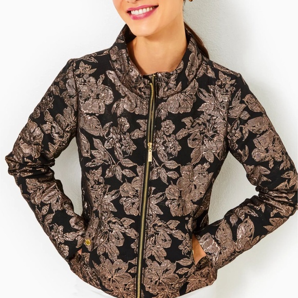 new LILLY PULITZER Emelyn Brocade Jacket in Noir Moonlight Dance Brocade SIZE 4